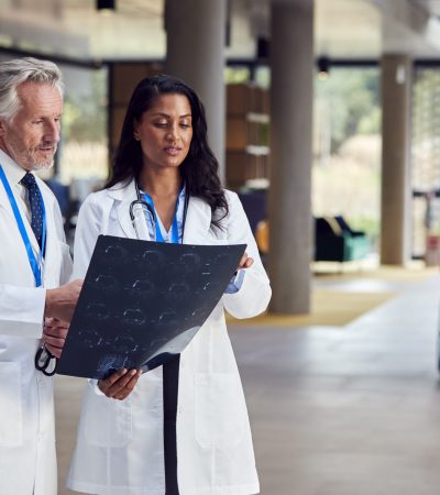 Two Doctors In White Coats And Discussing Patient Scan In Busy Hospital